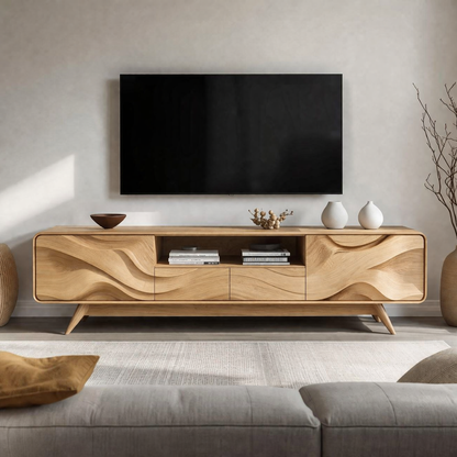 Solid Wood TV Stand with Sculpted Wave Front – Modern Rustic Media Console