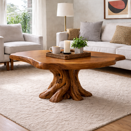 Solid Wood Round Coffee Table for Rustic Living Room with Tree Root Base