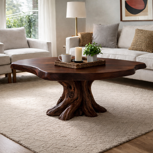 Solid Wood Round Coffee Table for Rustic Living Room with Tree Root Base