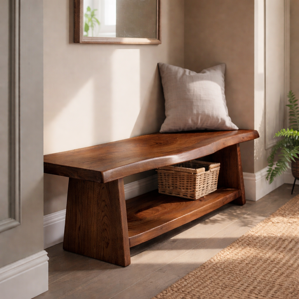 Solid Wood Live Edge Entryway Bench with Lower Shelf – Natural Wood Storage Bench