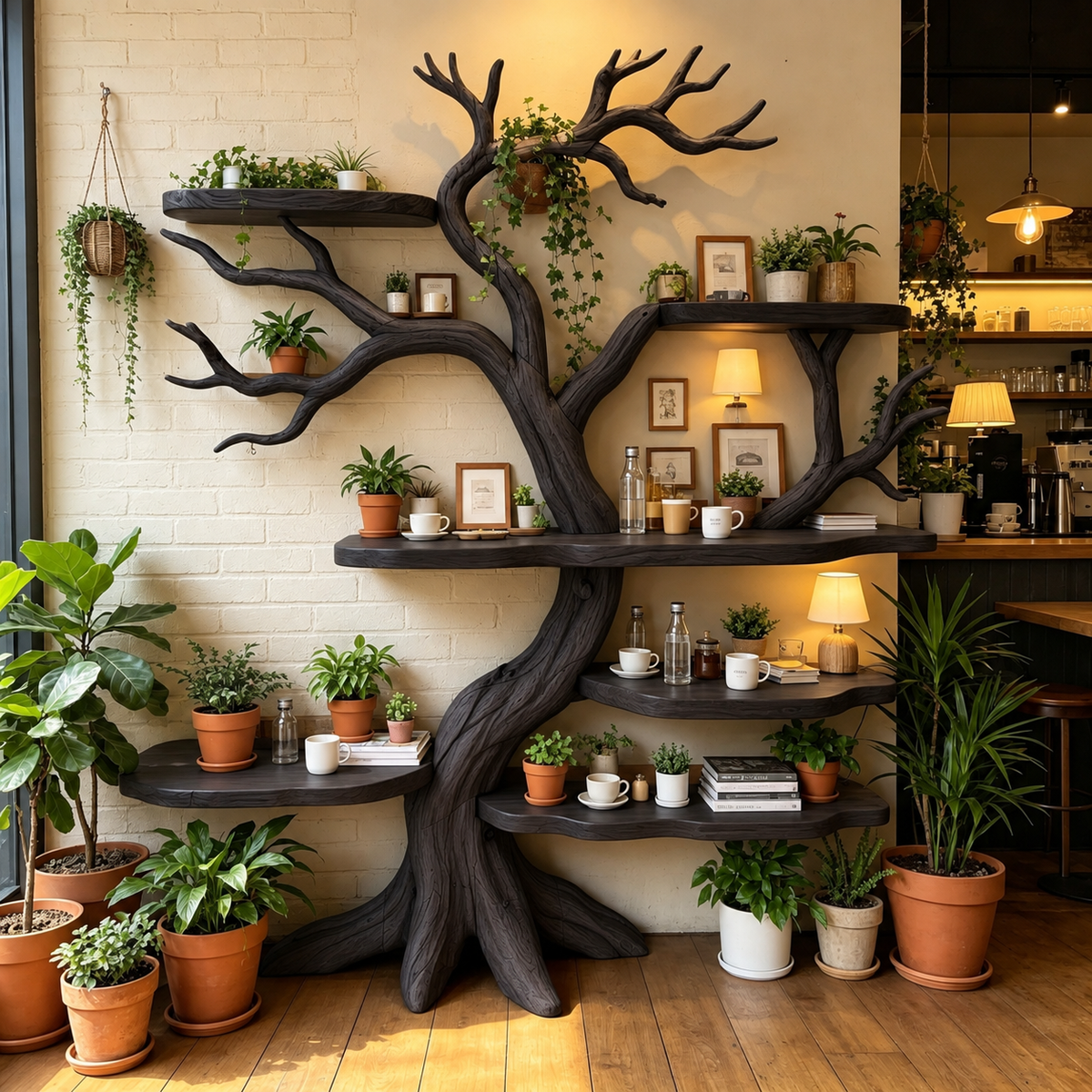 Handcrafted Solid Wood Tree Bookshelf with Natural Branch Shelves