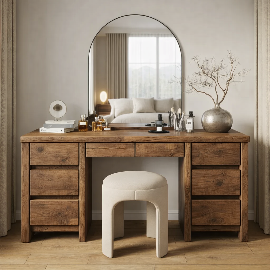 Solid Wood Makeup Vanity Desk – Modern Dressing Table with 8 Drawers Storage