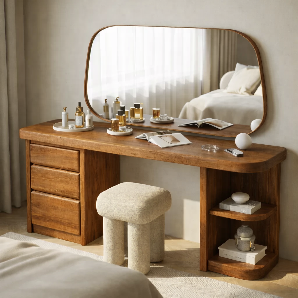 Solid Wood Makeup Vanity Desk – Modern Dressing Table with Drawers & Open Shelf
