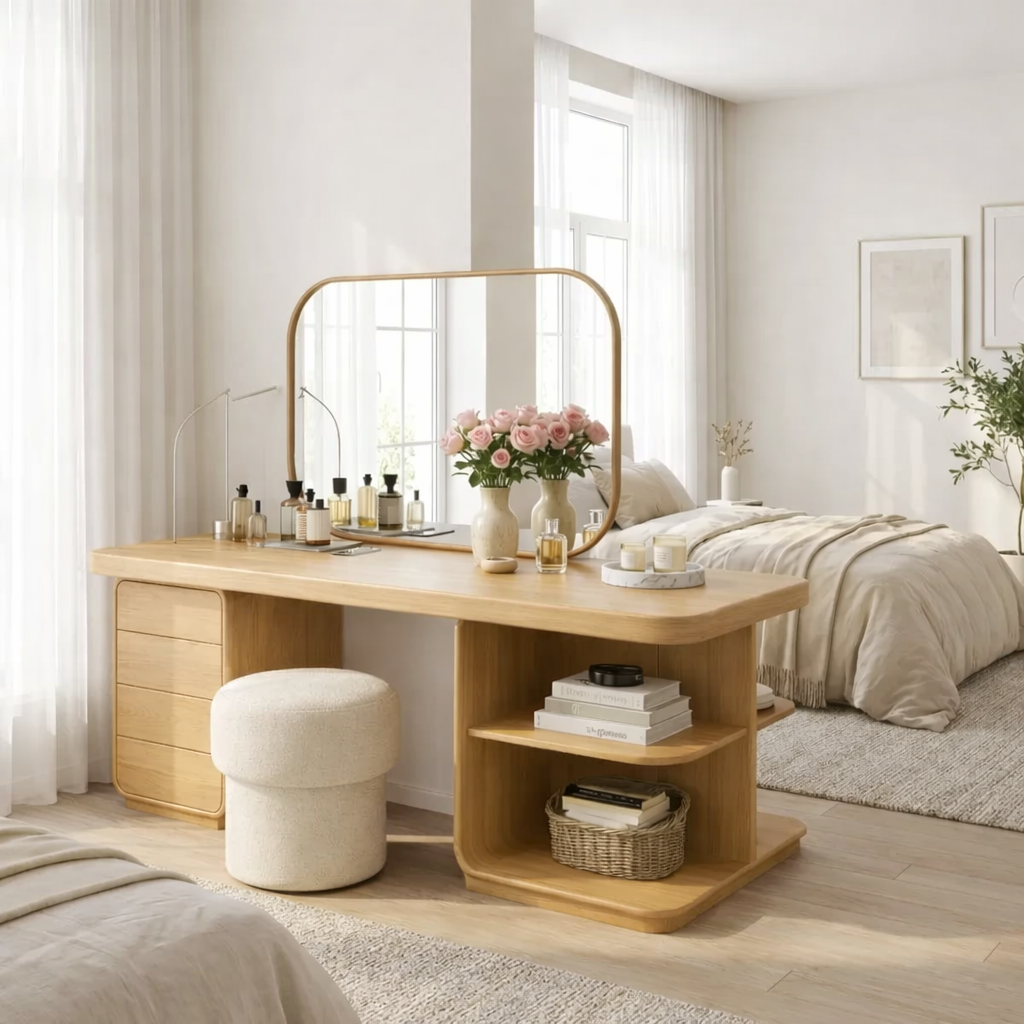 Solid Wood Makeup Vanity Desk with Side Open Shelves and Storage Drawers