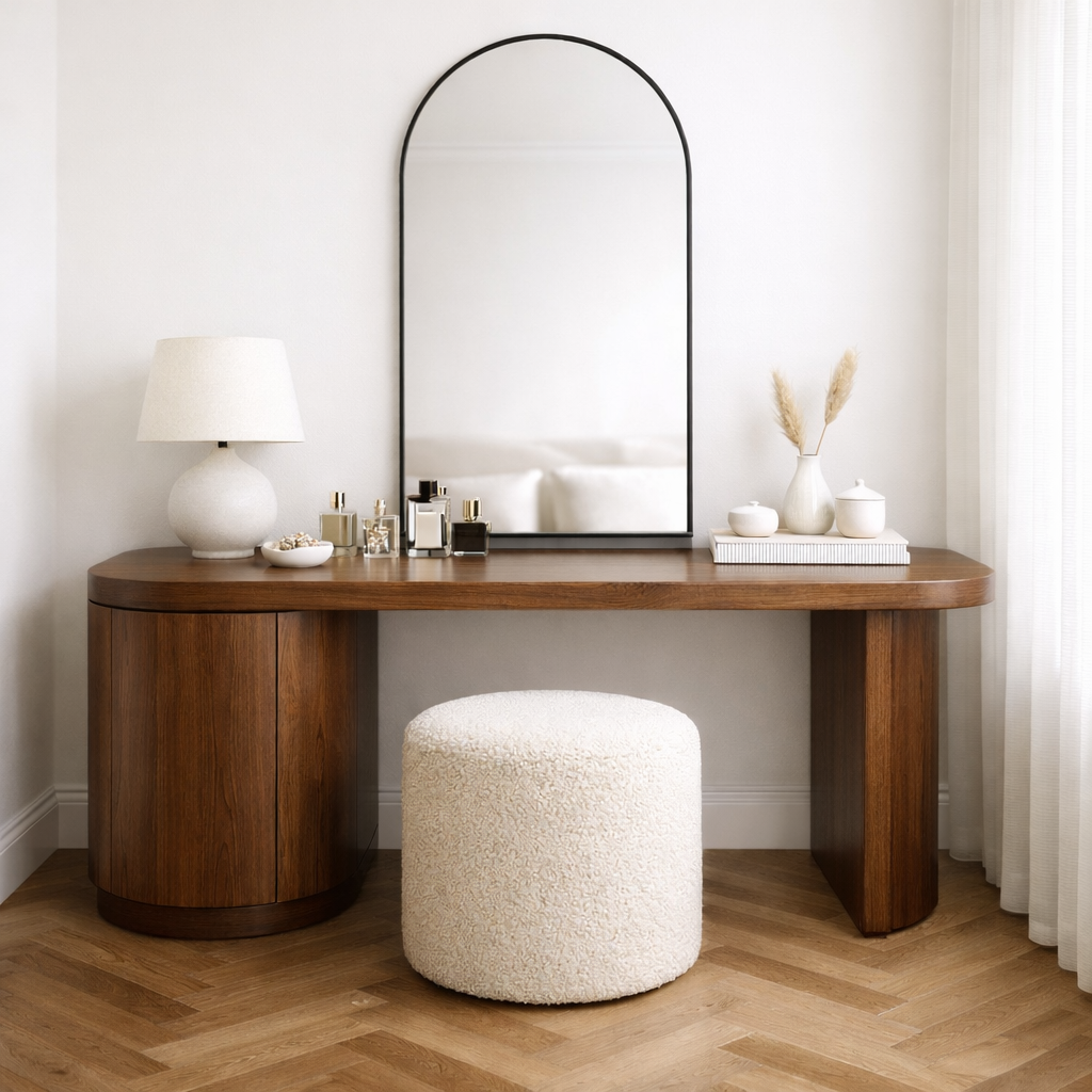 Solid Wood Makeup Vanity Desk with Curved Side Cabinet and Rounded Leg