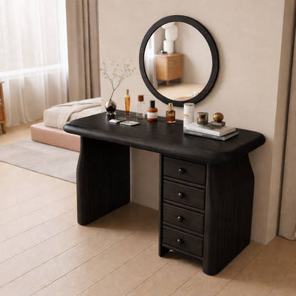 Solid Wood Makeup Vanity Desk with 4 Drawers, Curved Sculptural Wooden Dressing Table