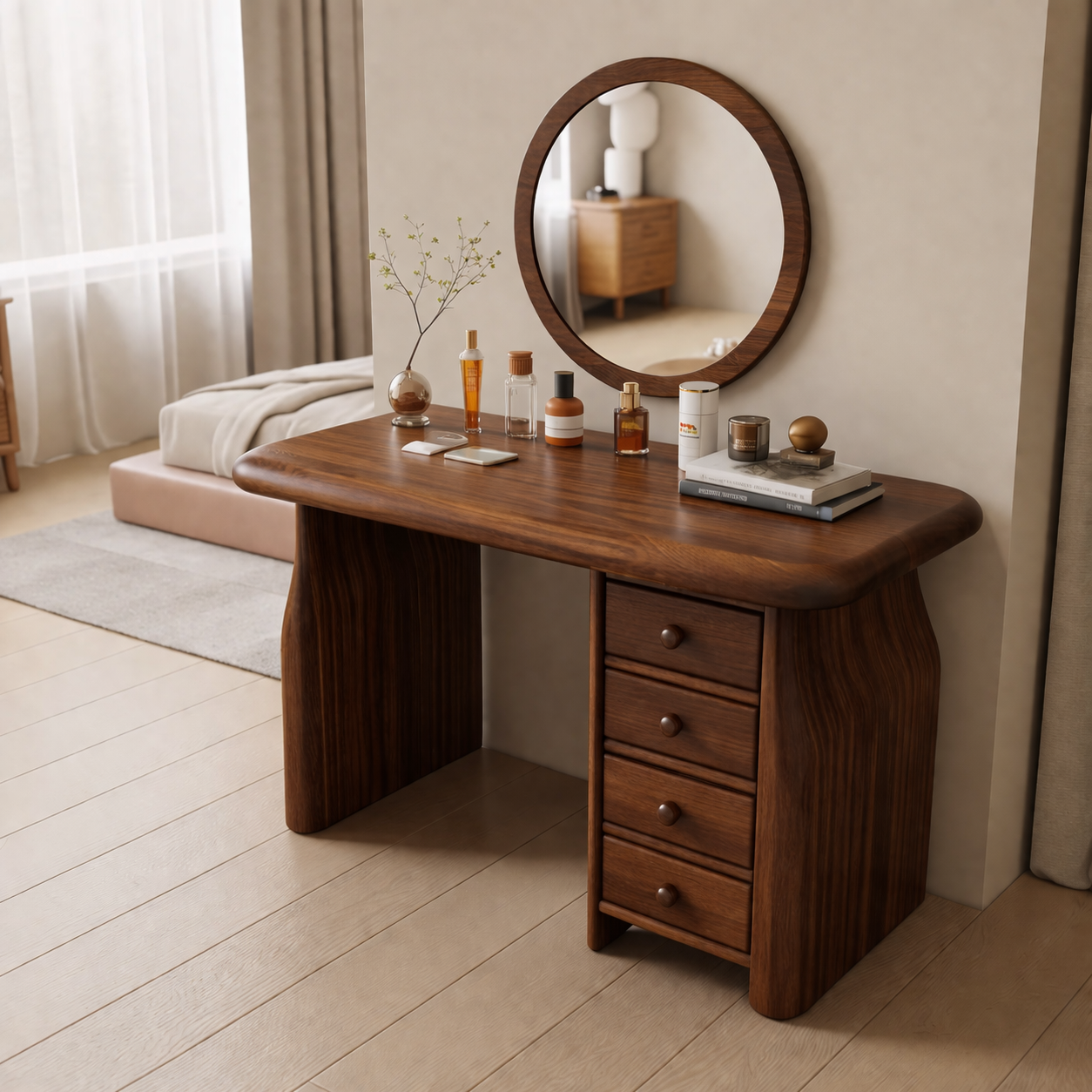 Solid Wood Makeup Vanity Desk with 4 Drawers, Curved Sculptural Wooden Dressing Table