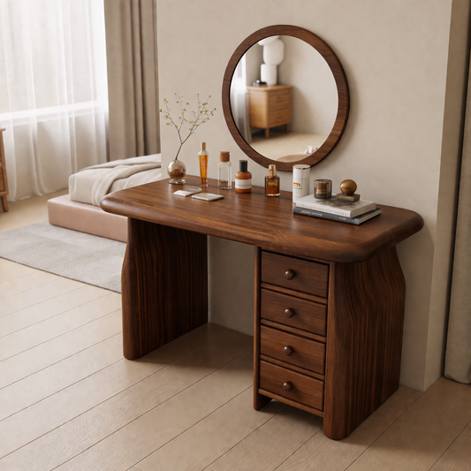 Solid Wood Makeup Vanity Desk with 4 Drawers, Curved Sculptural Wooden Dressing Table
