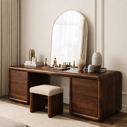 Solid Wood Makeup Vanity Desk with 4 Drawers, Rounded Waterfall Wooden Dressing Table