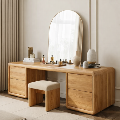 Solid Wood Makeup Vanity Desk with 4 Drawers, Rounded Waterfall Wooden Dressing Table