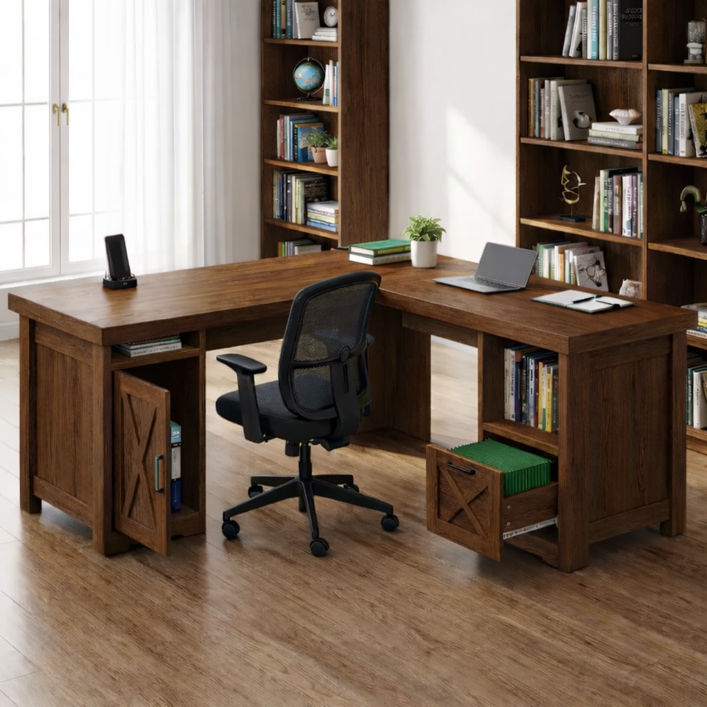 Solid Wood L Shaped Office Desk with Storage Cabinets and Shelves, Modern Wooden Executive Study Desk