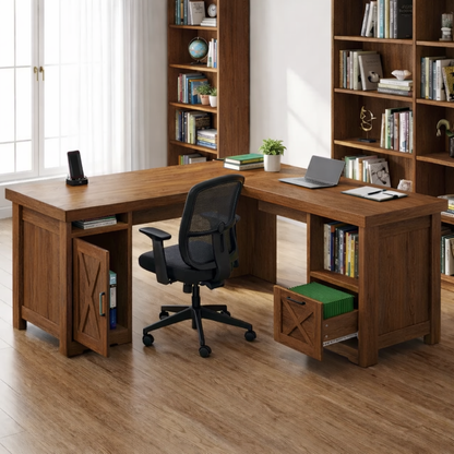 Solid Wood L Shaped Office Desk with Storage Cabinets and Shelves, Modern Wooden Executive Study Desk
