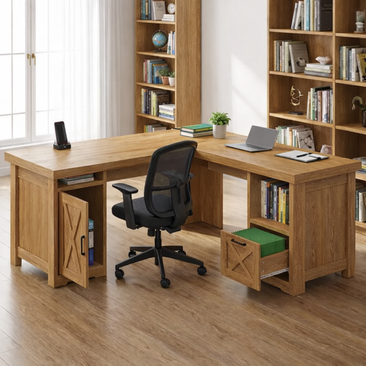 Solid Wood L Shaped Office Desk with Storage Cabinets and Shelves, Modern Wooden Executive Study Desk