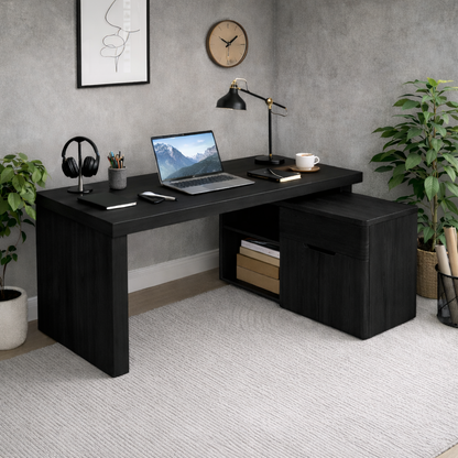 Solid Wood L-Shaped Desk with Storage Cabinet – Modern Home Office Desk