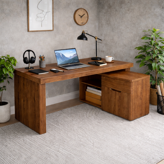 Solid Wood L-Shaped Desk with Storage Cabinet – Modern Home Office Desk