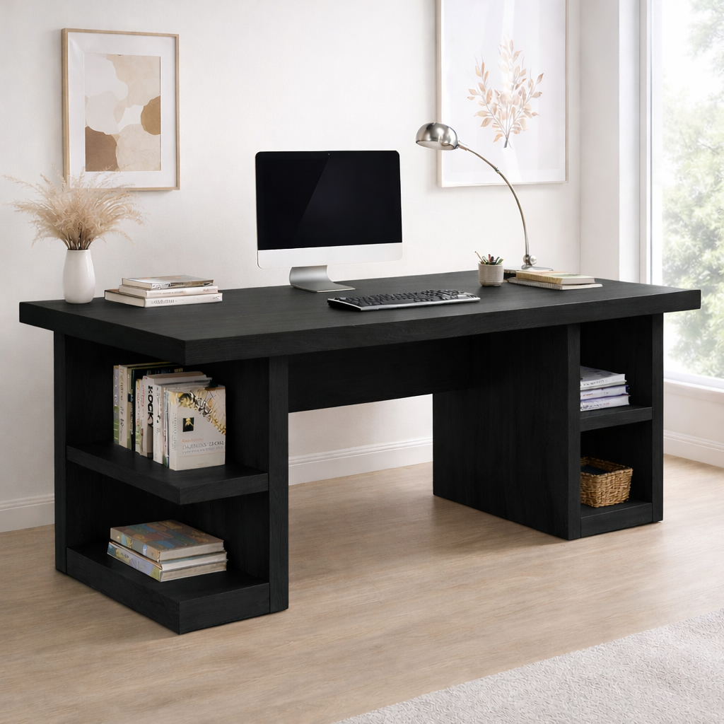 Solid Wood Office Desk with Open Shelves – Modern Minimalist Work Desk
