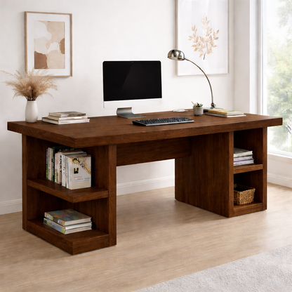 Solid Wood Office Desk with Open Shelves – Modern Minimalist Work Desk