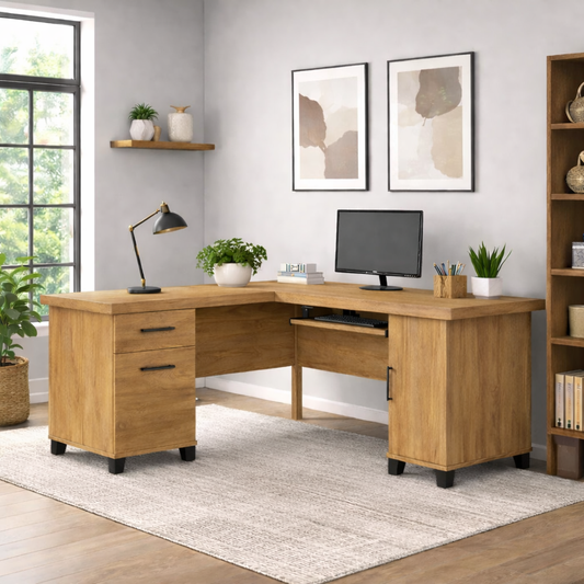 Solid Wood L Shaped Office Desk with 2 Drawers, Storage Cabinet and Keyboard Tray
