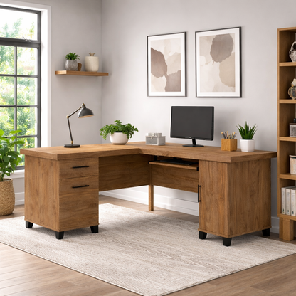 Solid Wood L Shaped Office Desk with 2 Drawers, Storage Cabinet and Keyboard Tray