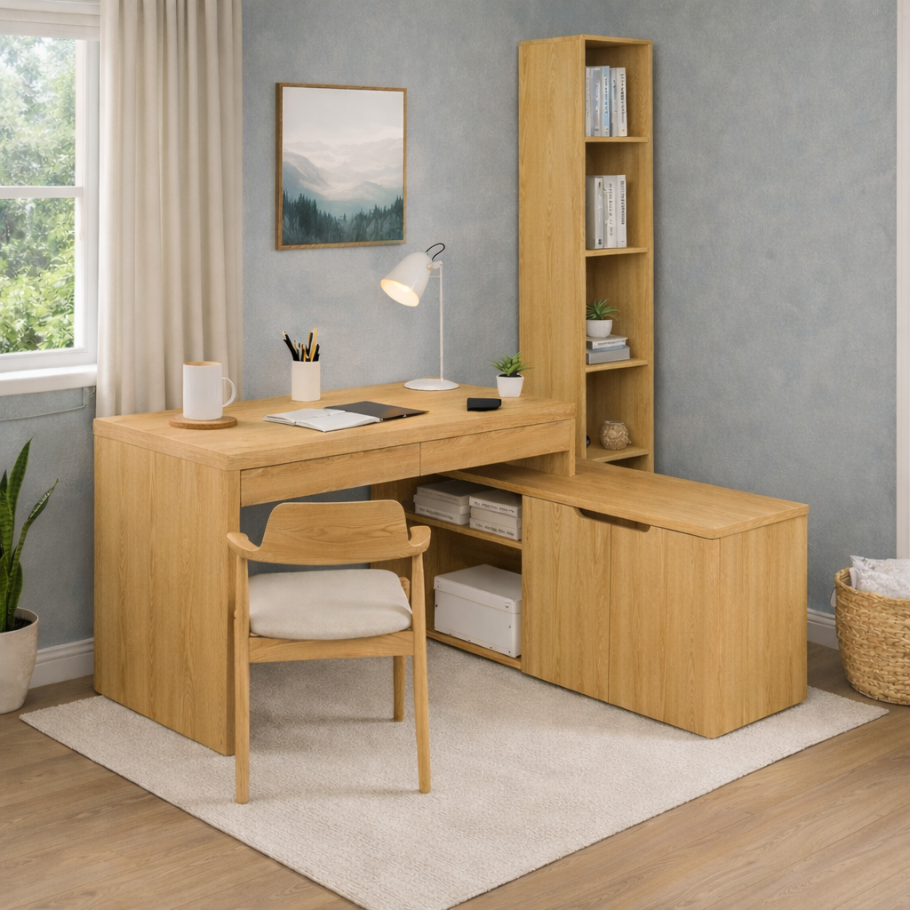 Solid Wood L-Shaped Desk with Bookshelf & Storage Cabinet – Modern Home Office Desk