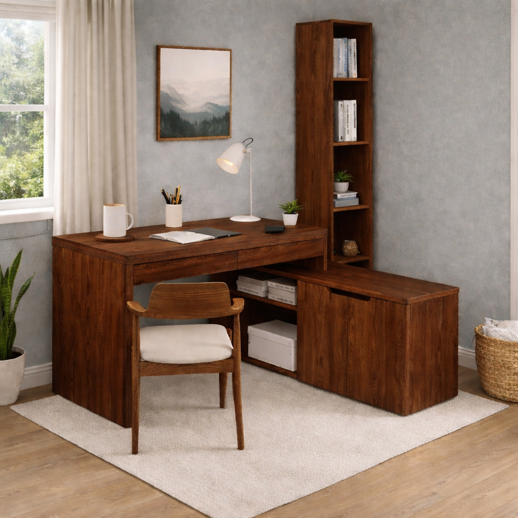 Solid Wood L-Shaped Desk with Bookshelf & Storage Cabinet – Modern Home Office Desk