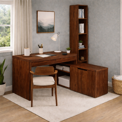 Solid Wood L-Shaped Desk with Bookshelf & Storage Cabinet – Modern Home Office Desk