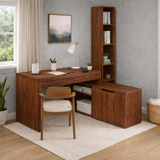 Solid Wood L-Shaped Desk with Bookshelf & Storage Cabinet – Modern Home Office Desk