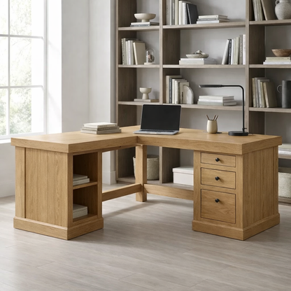 Solid Wood L Shaped Office Desk with 3 Drawers and Open Side Shelves, Modern Wooden Corner Desk