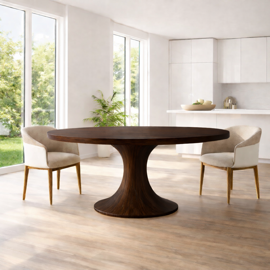 Modern Solid Wood Round Dining Table with Sculptural Pedestal Base