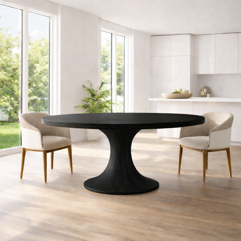 Modern Solid Wood Round Dining Table with Sculptural Pedestal Base