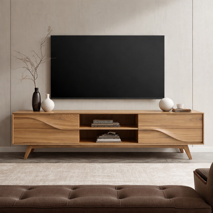 Solid Wood TV Stand with Wave Carved Drawers – Modern Mid-Century Media Console