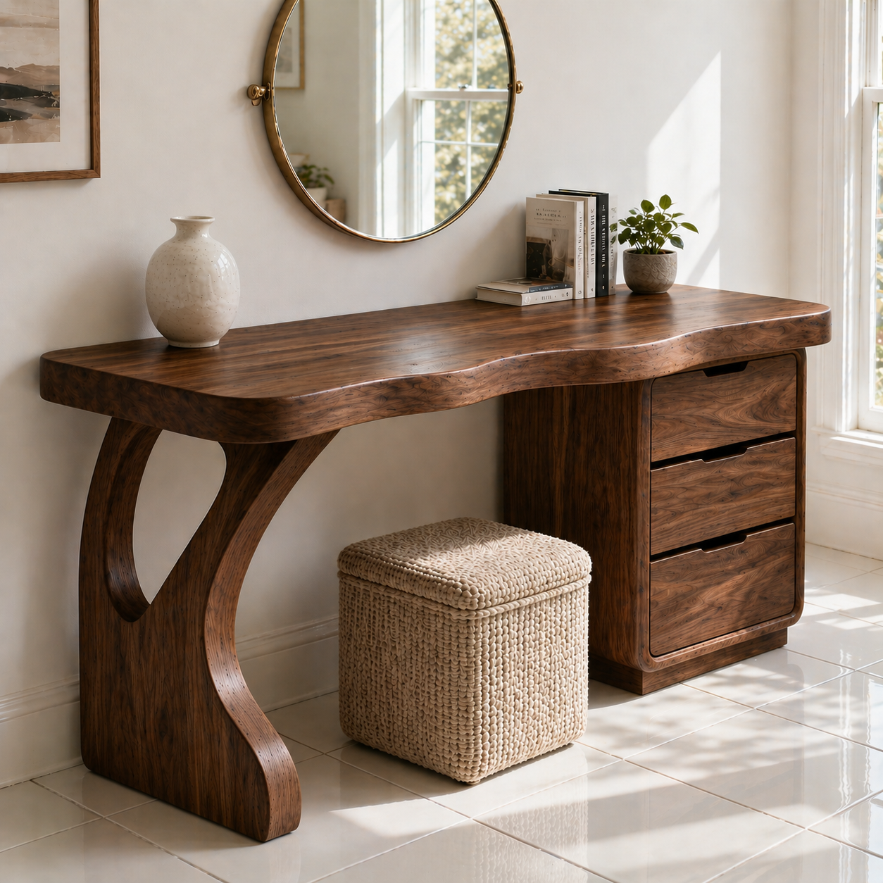 Solid Wood Makeup Vanity with Curved Leg and 3 Drawer Storage