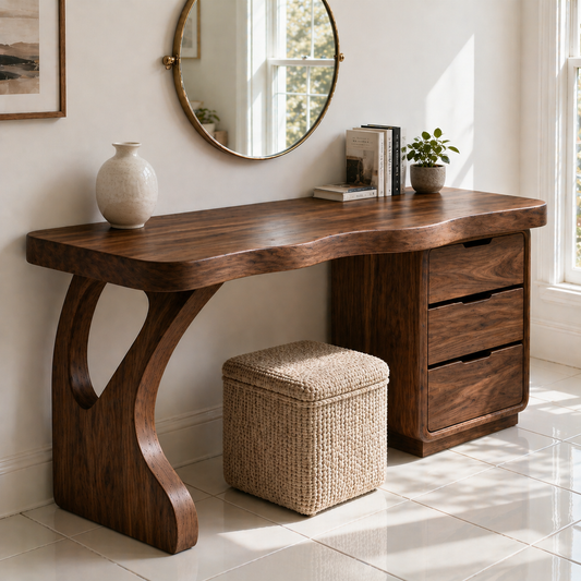 Solid Wood Makeup Vanity with Curved Leg and 3 Drawer Storage