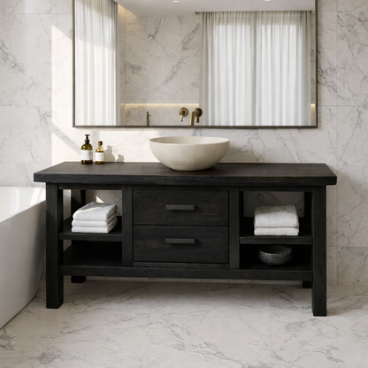 Solid Wood Bathroom Vanity with Center Drawers and Open Side Shelves for Contemporary Bathrooms