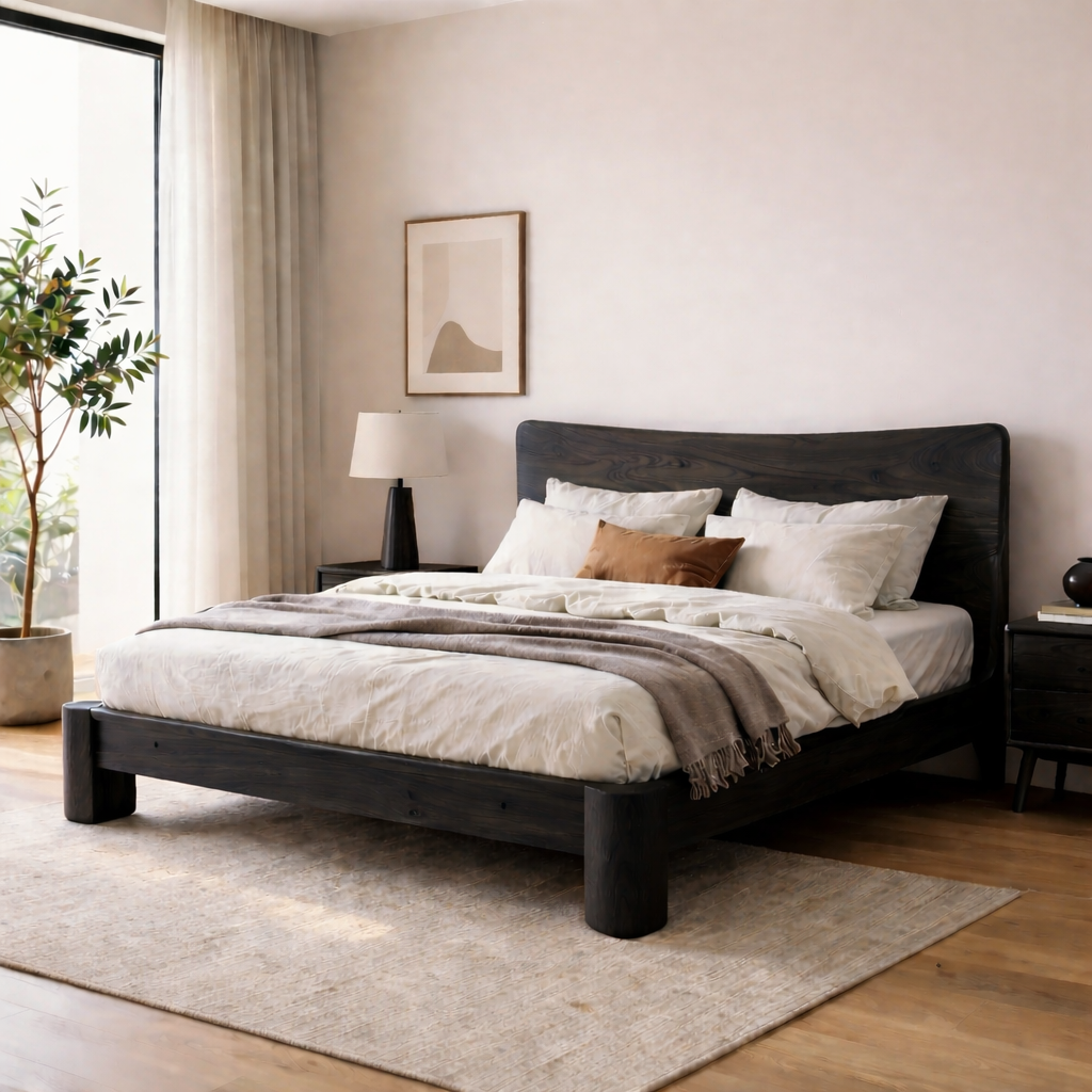 Solid Wood Platform Bed with Curved Headboard – Thick Frame Rustic Modern Bed