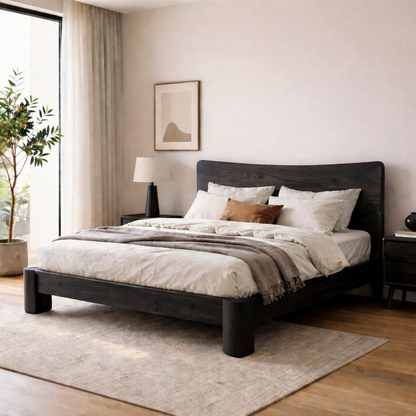 Solid Wood Platform Bed with Curved Headboard – Thick Frame Rustic Modern Bed