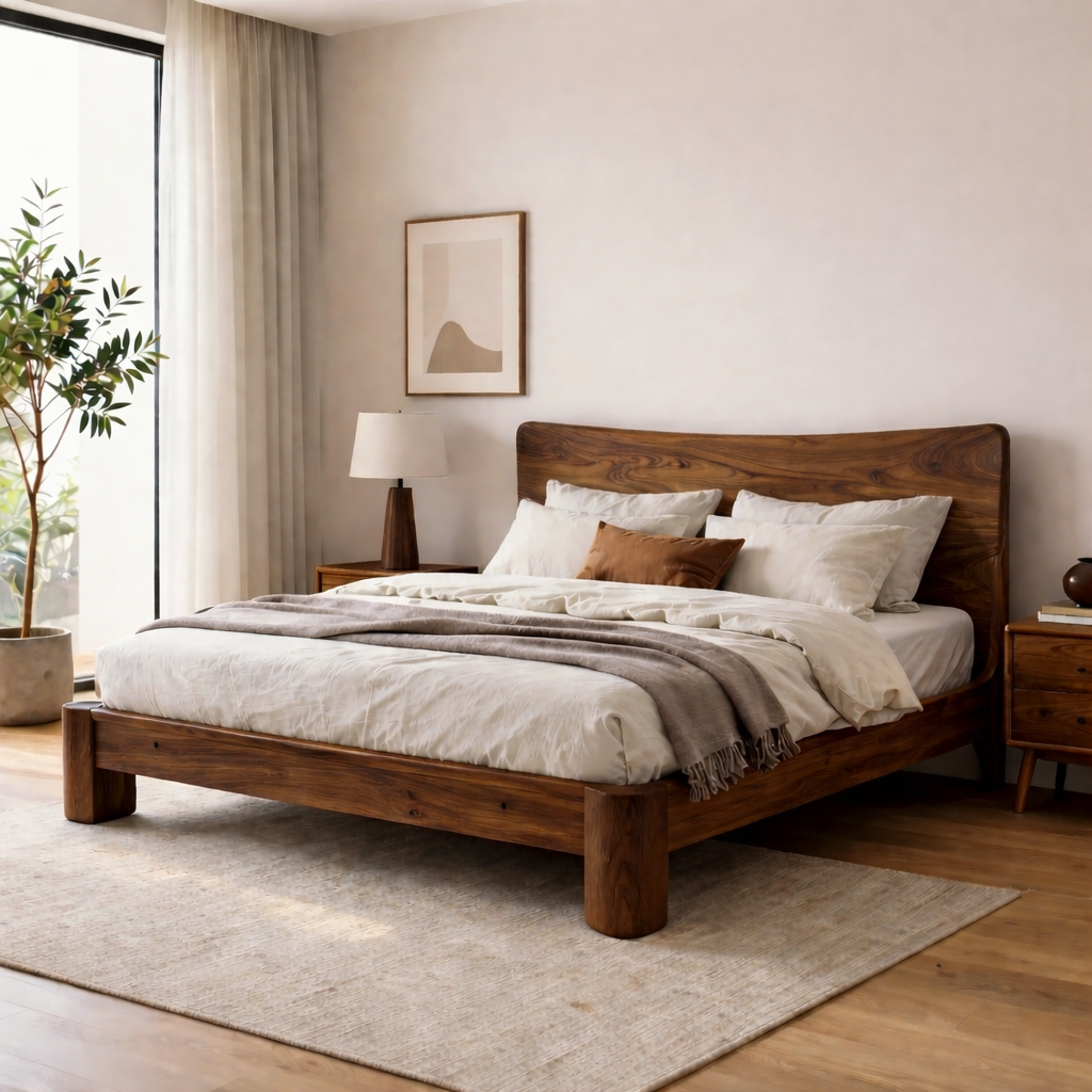 Solid Wood Platform Bed with Curved Headboard – Thick Frame Rustic Modern Bed