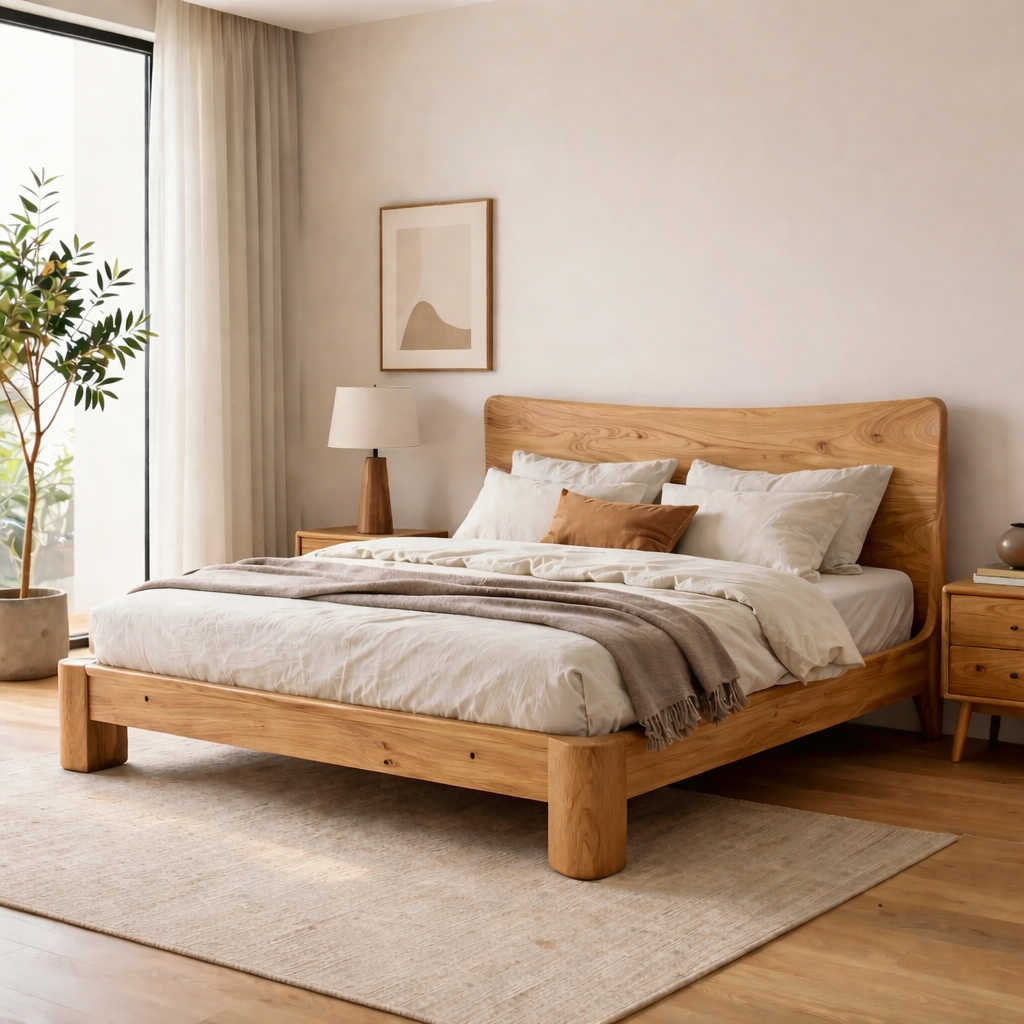 Solid Wood Platform Bed with Curved Headboard – Thick Frame Rustic Modern Bed