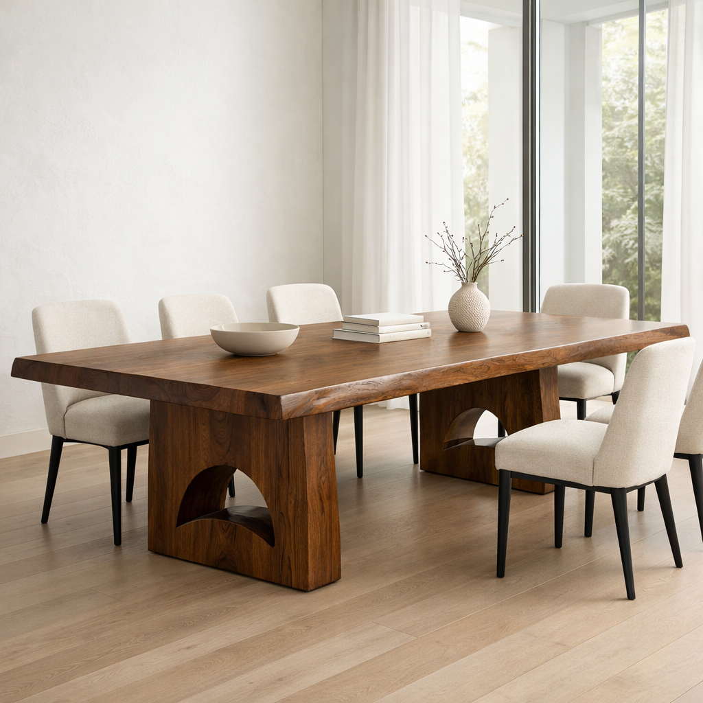 Solid Wood Dining Table with Live Edge Top and Sculptural Arch Base