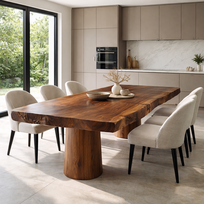 Solid Wood Live Edge Dining Table with Sculptural Pedestal Base