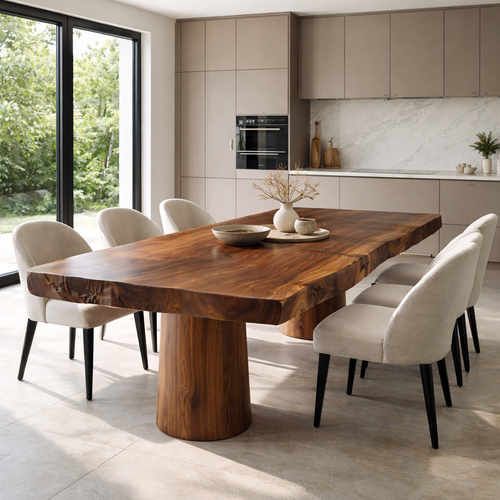 Solid Wood Live Edge Dining Table with Sculptural Pedestal Base