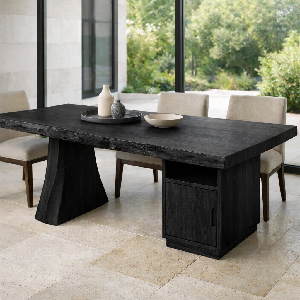 Solid Wood Live Edge Dining Table with Storage Cabinet and Sculptural Base