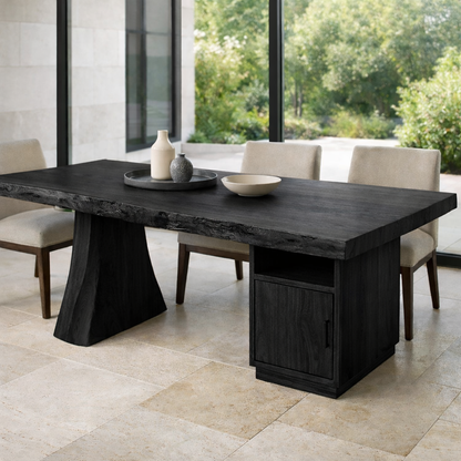 Solid Wood Live Edge Dining Table with Storage Cabinet and Sculptural Base