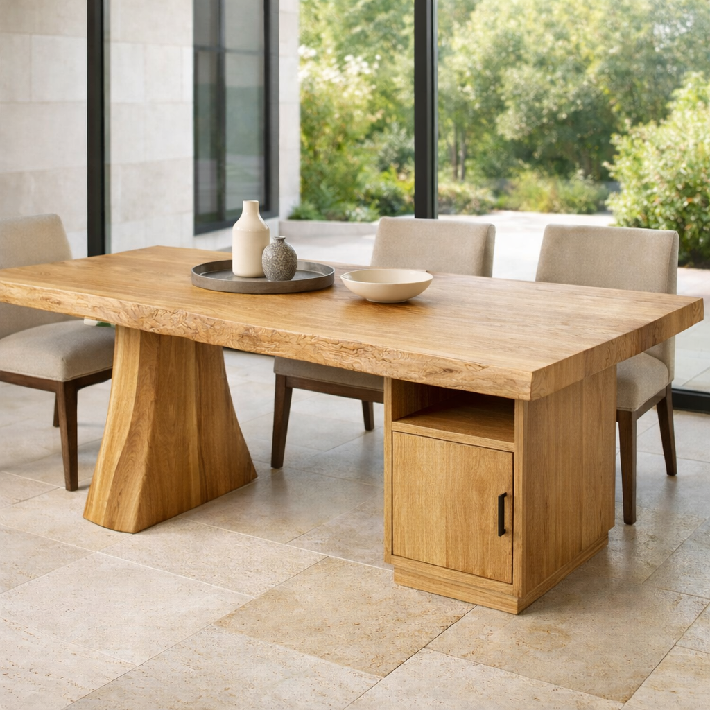 Solid Wood Live Edge Dining Table with Storage Cabinet and Sculptural Base