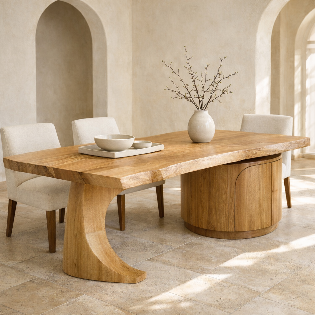 Solid Wood Live Edge Dining Table with Curved Base and Round Storage Cabinet