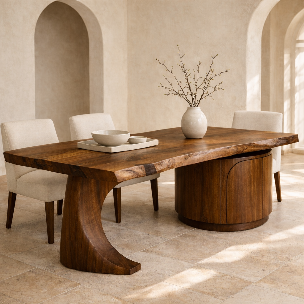 Solid Wood Live Edge Dining Table with Curved Base and Round Storage Cabinet
