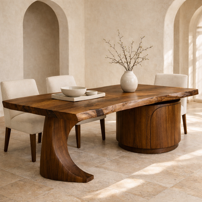 Solid Wood Live Edge Dining Table with Curved Base and Round Storage Cabinet