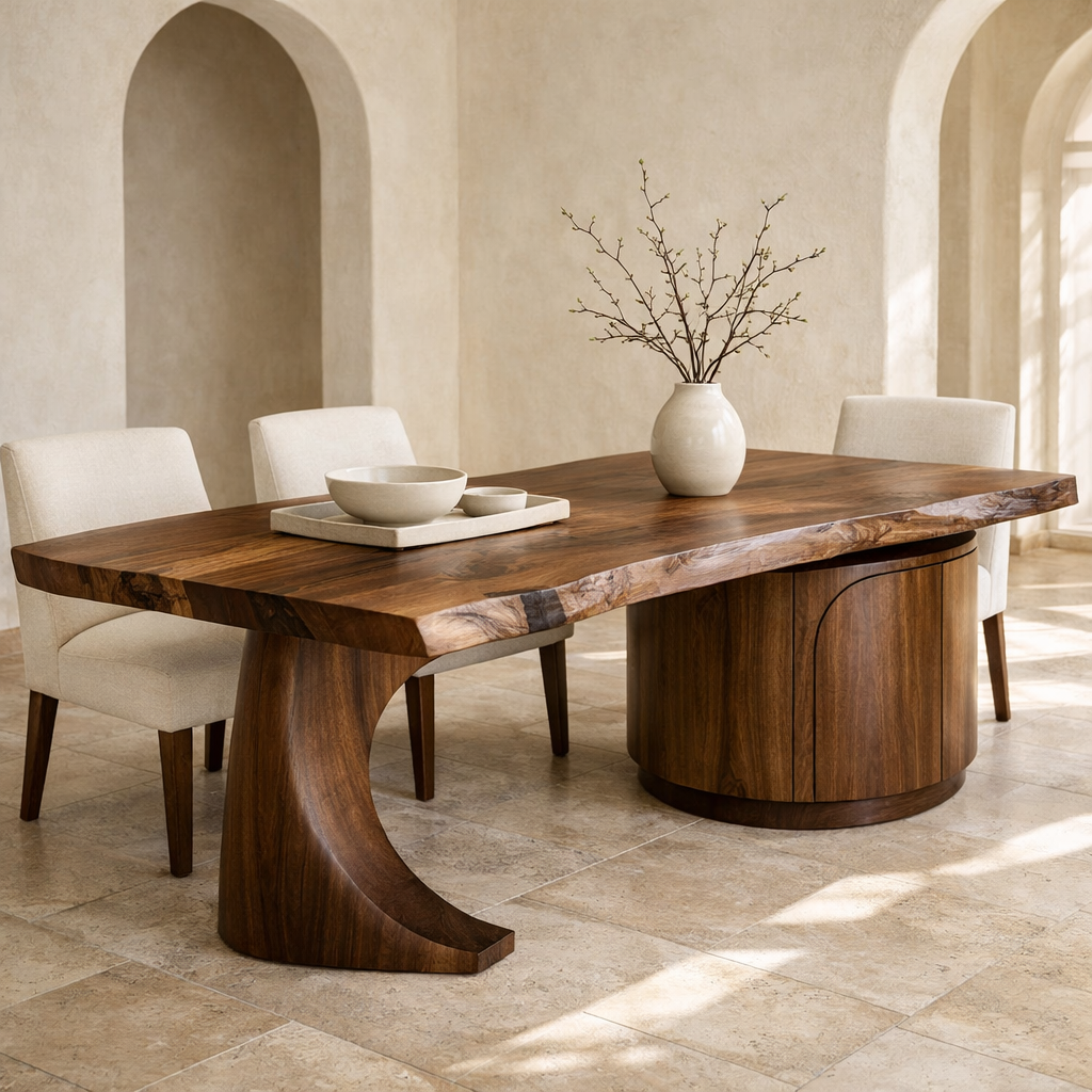Solid Wood Live Edge Dining Table with Curved Base and Round Storage Cabinet