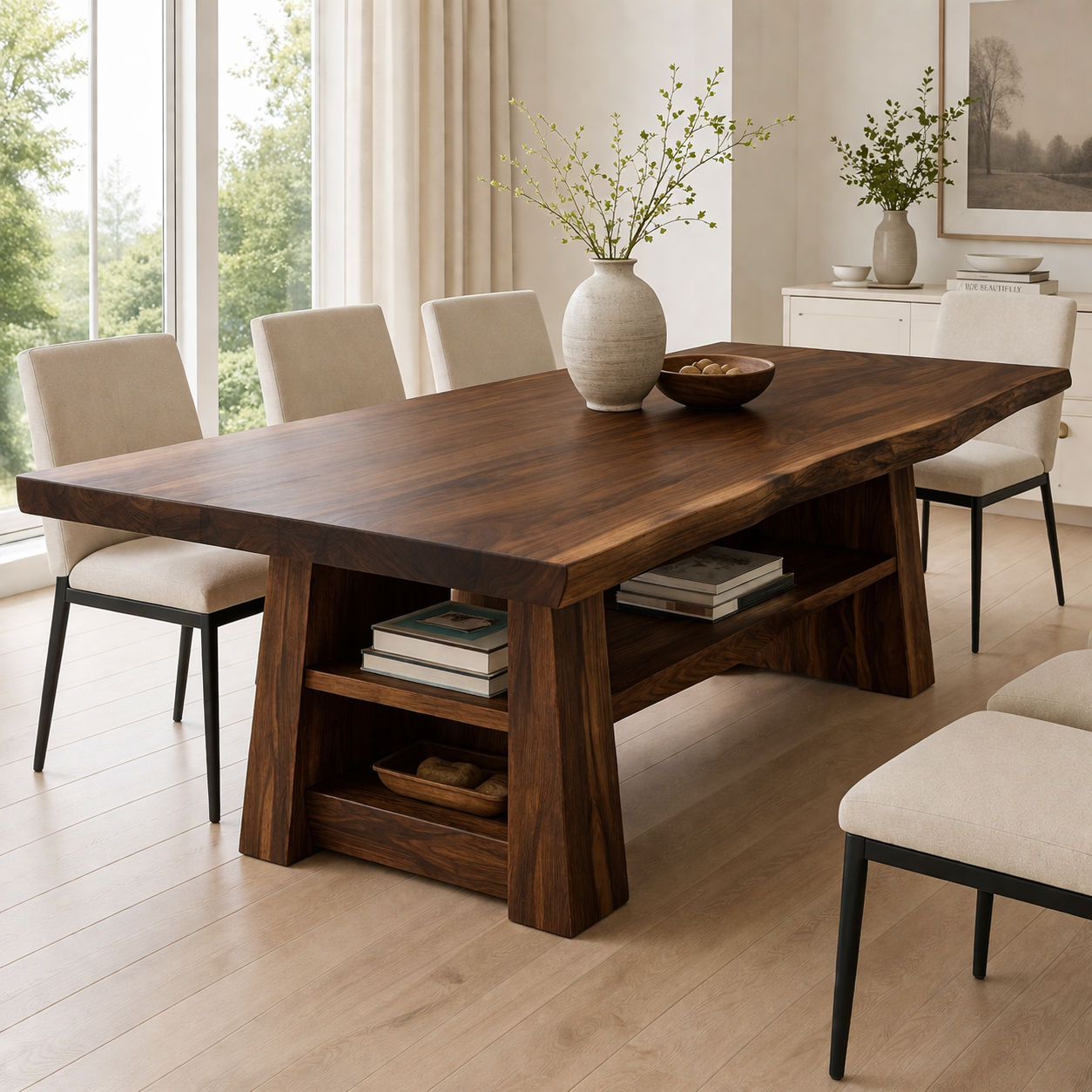 Solid Wood Dining Table with Storage Shelf – Modern Kitchen Dining Table