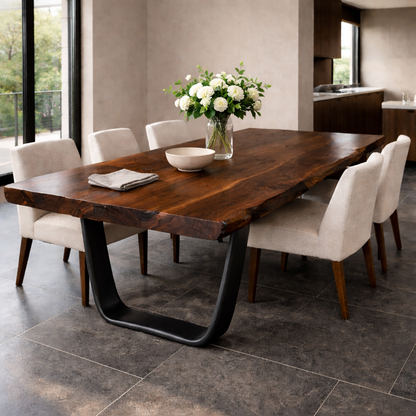 Solid Wood Live Edge Dining Table with Modern U-Shaped Metal Base